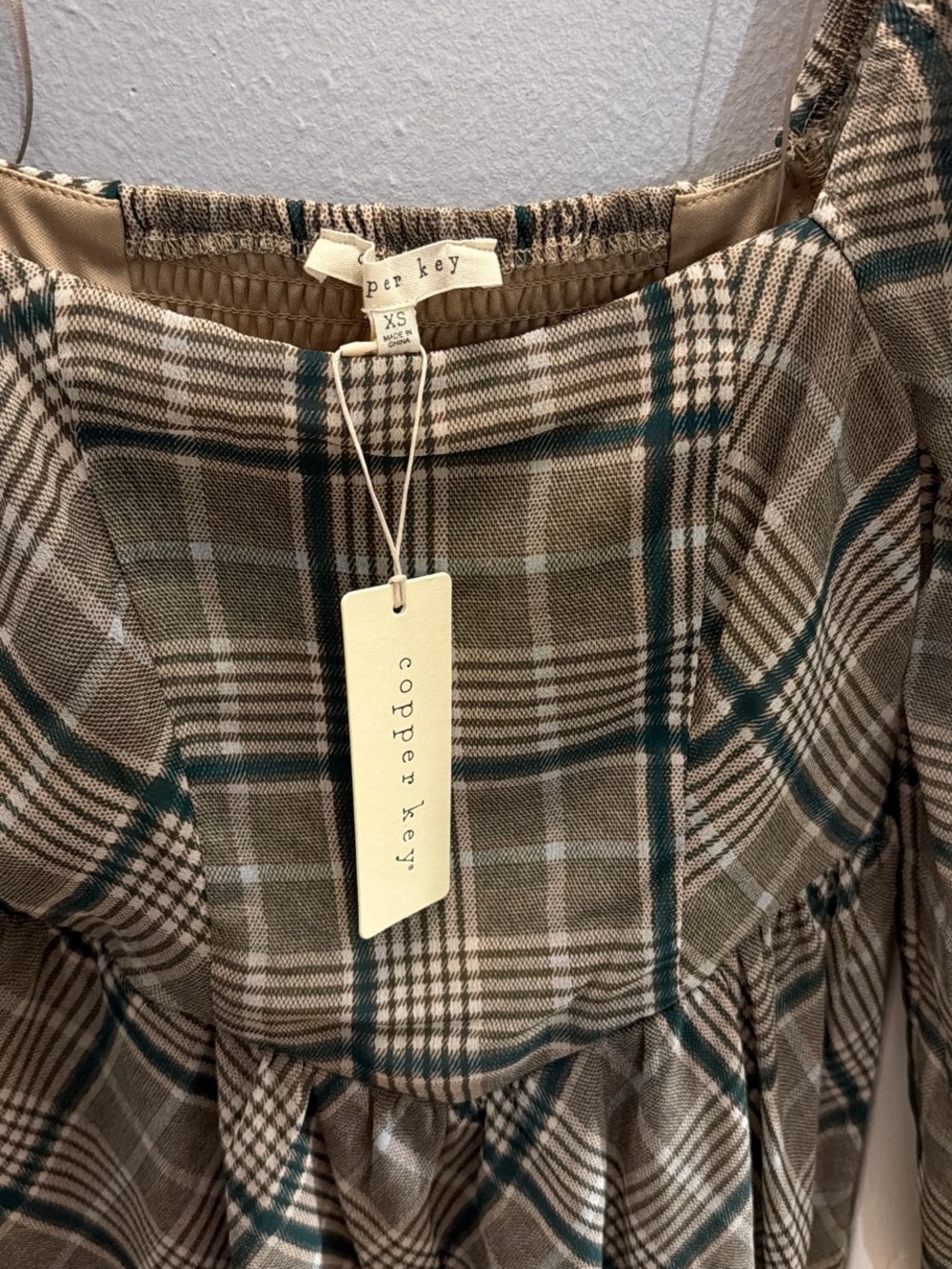 Copper Key Tan Plaid Mini Dress with Green Stripe
